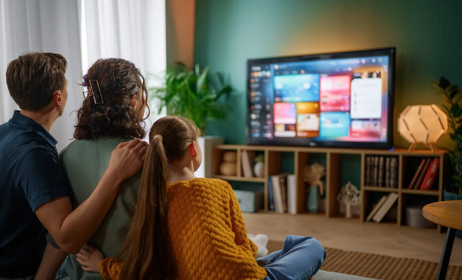 Family relaxing on the couch watching DSTV together